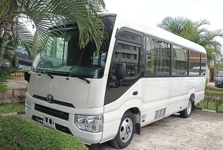 New-model white Toyota Coaster bus parked among palm trees, front three-quarter view